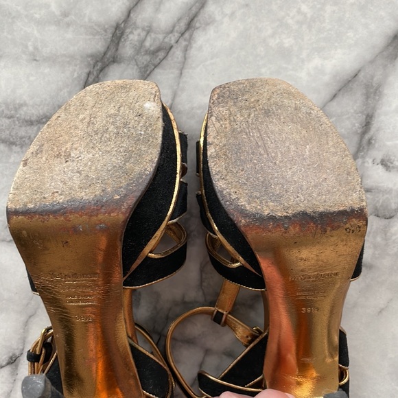 YSL BLACK AND GOLD SUEDE TRIBUTE SANDALS 105 size 39.5 - Picture 5 of 6